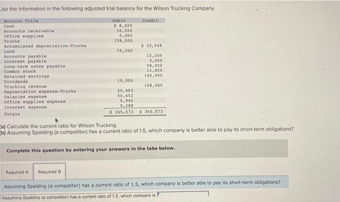 Calculate the current ratio for wilson trucking