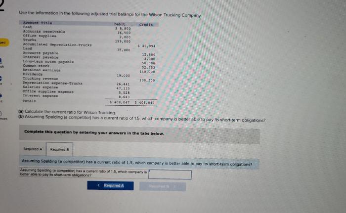 Calculate the current ratio for wilson trucking